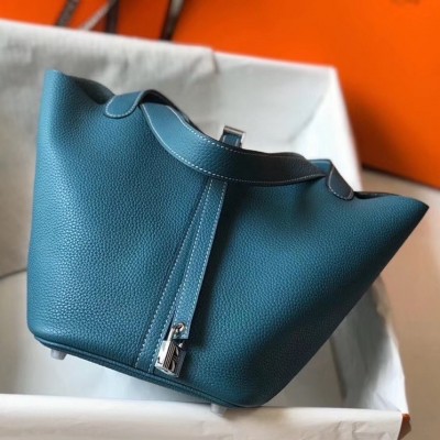 Hermes Picotin Lock 22 Bag In Blue Jean Clemence Leather LDBS243056