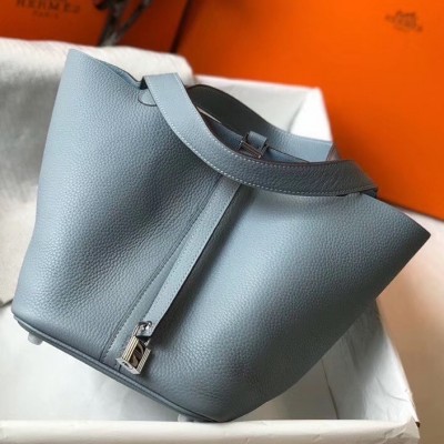 Hermes Picotin Lock 22 Bag In Blue Lin Clemence Leather LDBS243057