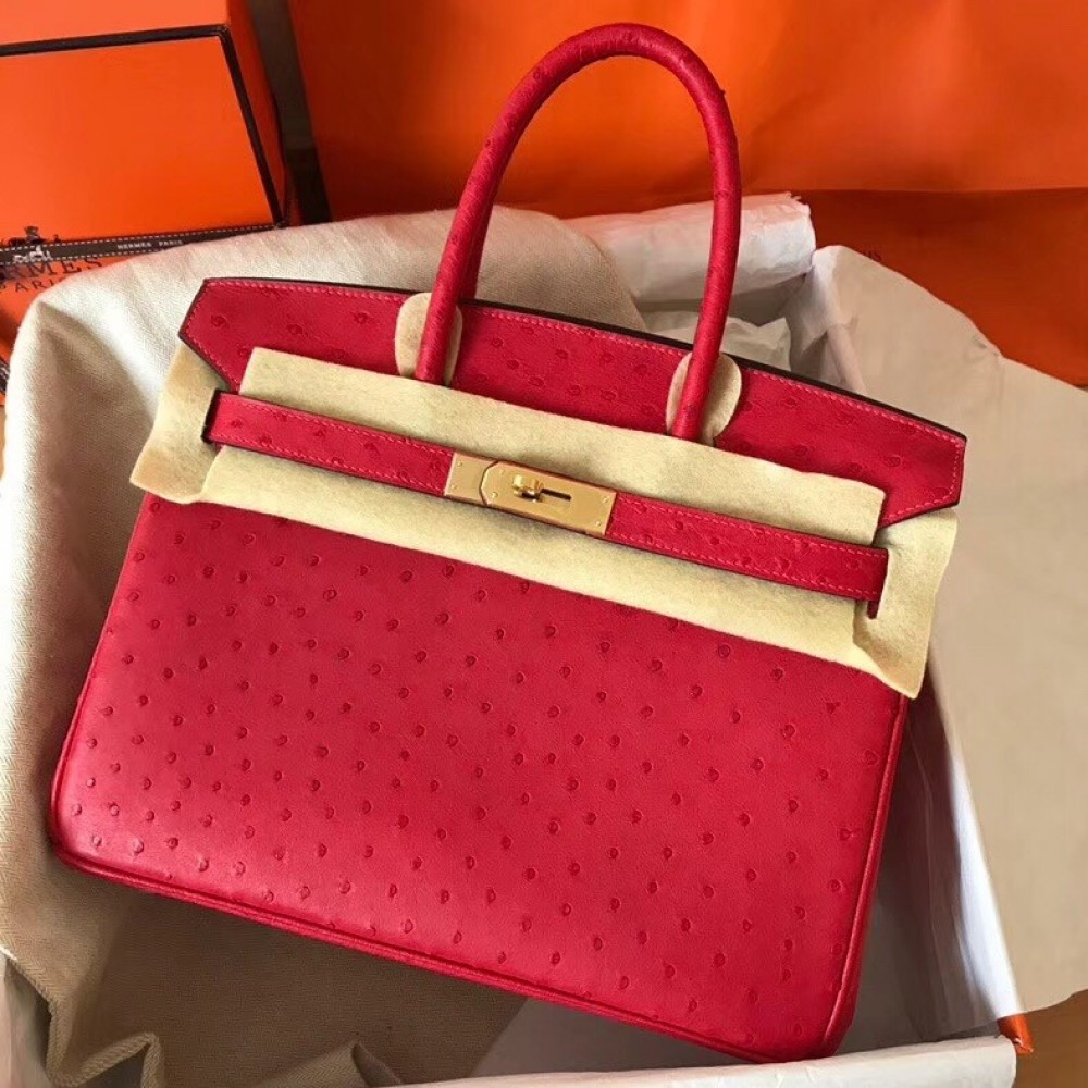 Hermes Red Birkin 30cm Ostrich Handmade Bag LDBS243110