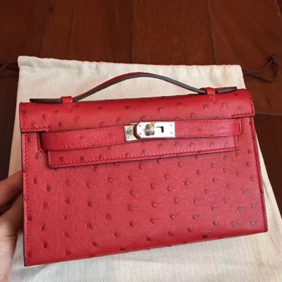 Hermes Red Kelly Pochette Ostrich Handmade Bag LDBS243134