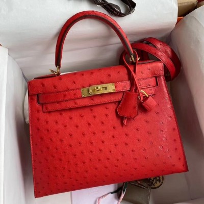 Hermes Red Ostrich Kelly 28cm Handmade Bag LDBS243138