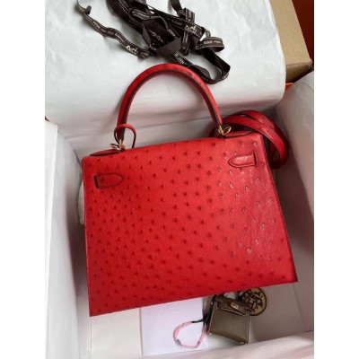 Hermes Red Ostrich Kelly 28cm Handmade Bag LDBS243138