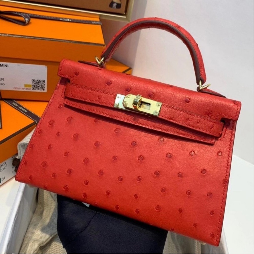 Hermes Red Ostrich Kelly Mini II Handmade Bag LDBS243139