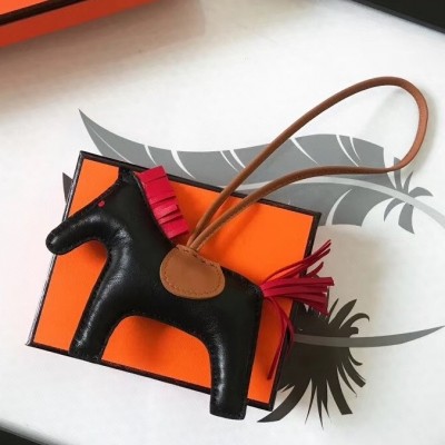 Hermes Rodeo Horse Bag Charm In Black/Camarel/Red Leather LDBS243149