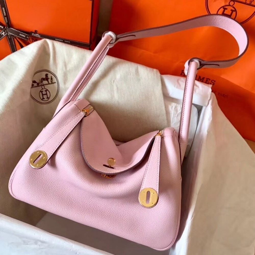 Hermes Rose Dragee Lindy 26cm Clemence Handmade Bag LDBS243092