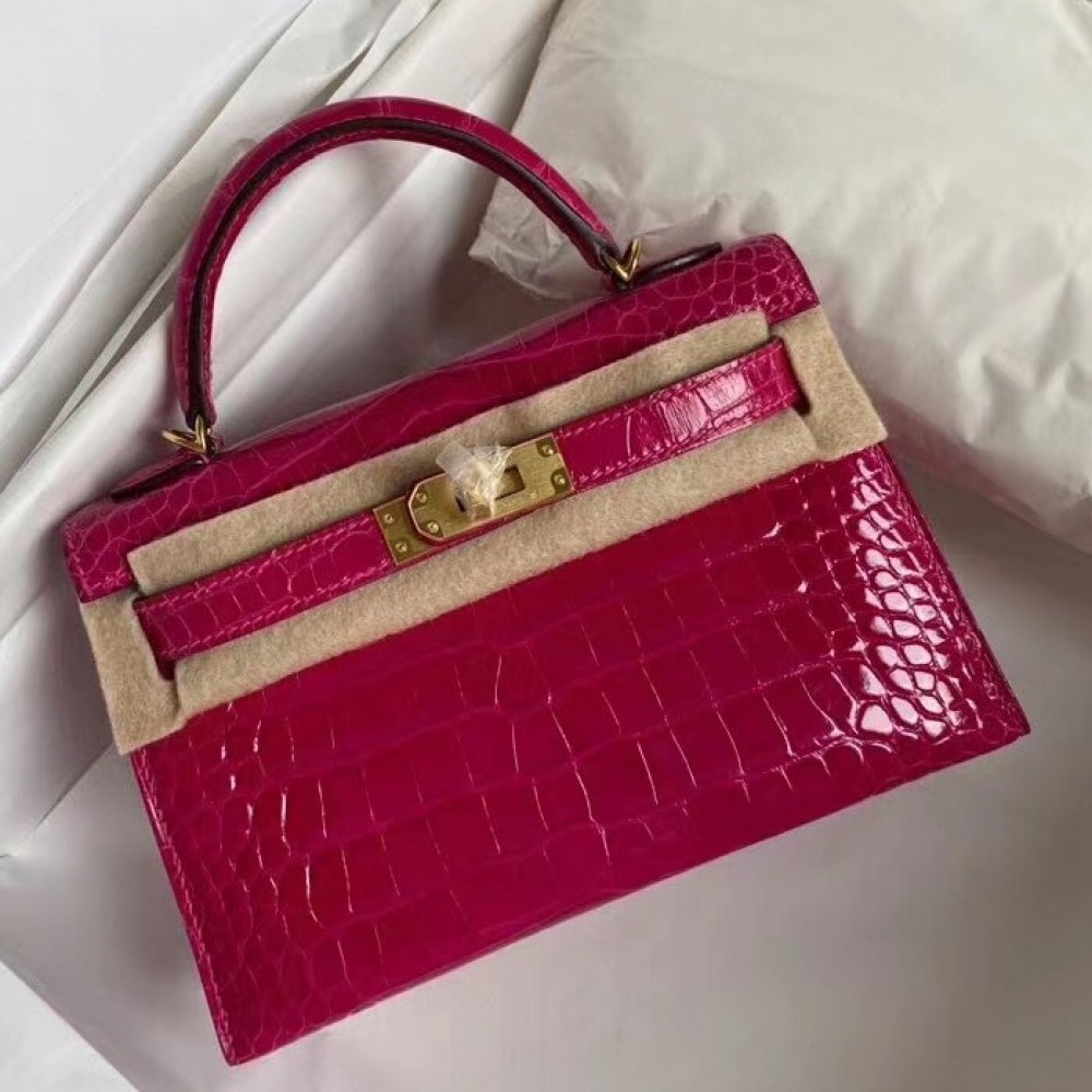 Hermes Rose Red Alligator Crocodile Kelly Mini II Handmade Bag LDBS243185