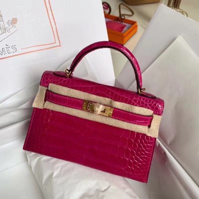 Hermes Rose Red Alligator Crocodile Kelly Mini II Handmade Bag LDBS243185