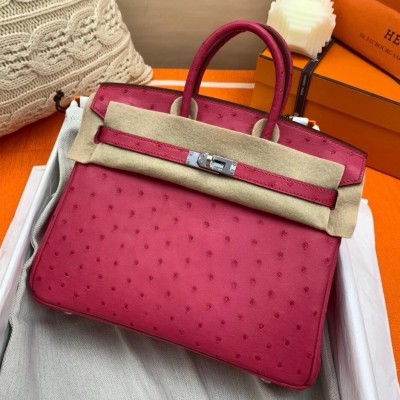 Hermes Rose Red Birkin 25cm Ostrich Handmade Bag LDBS243186