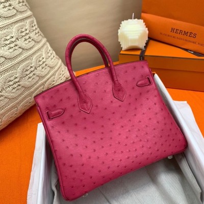 Hermes Rose Red Birkin 25cm Ostrich Handmade Bag LDBS243186