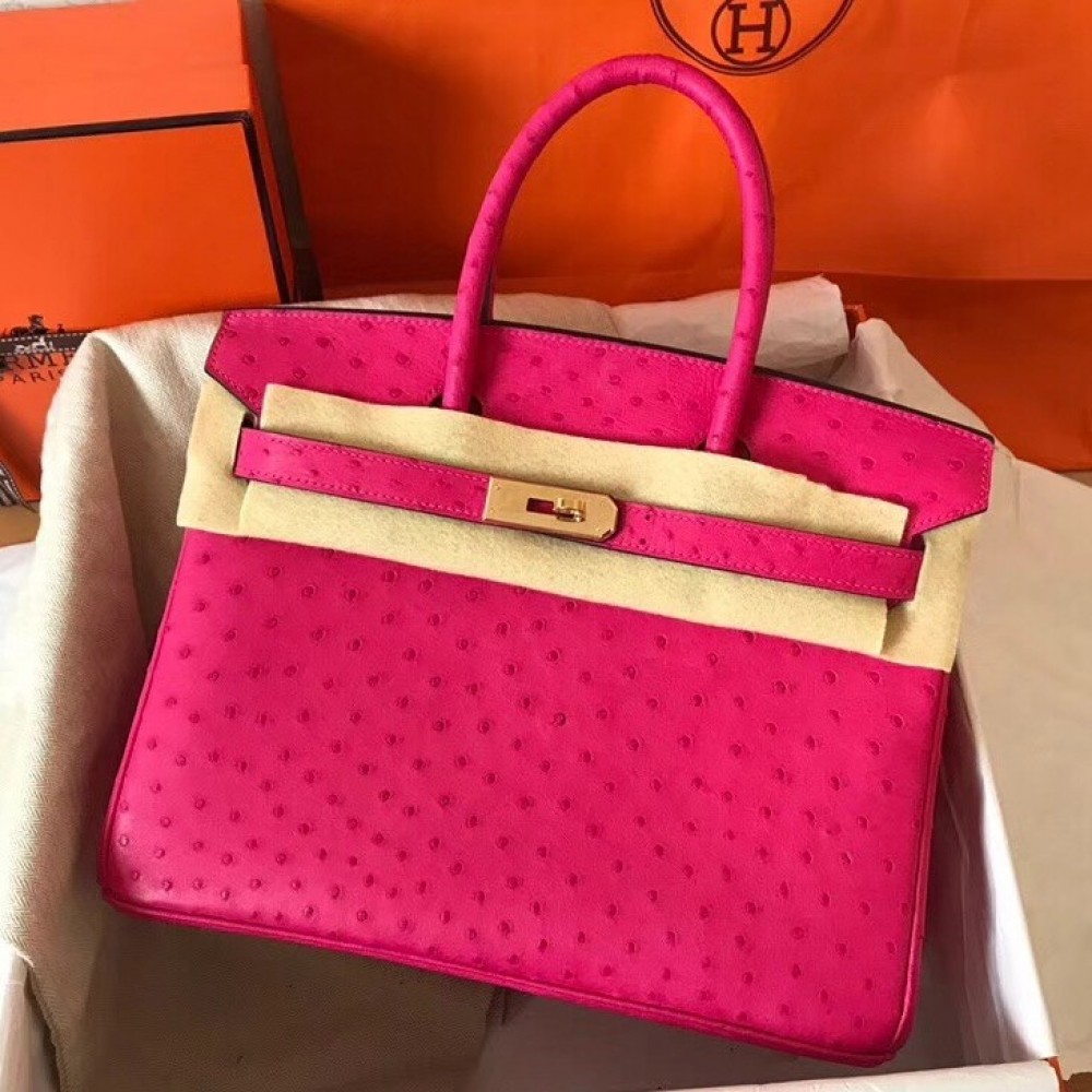 Hermes Rose Red Birkin 30cm Ostrich Handmade Bag LDBS243188