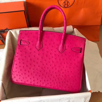 Hermes Rose Red Birkin 30cm Ostrich Handmade Bag LDBS243188