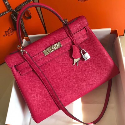 Hermes Rose Red Clemence Kelly 32cm Retourne Bag LDBS243191