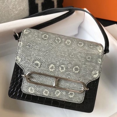 Hermes Roulis Mini Bag In Black Crocodile With Natural Lizard LDBS243199