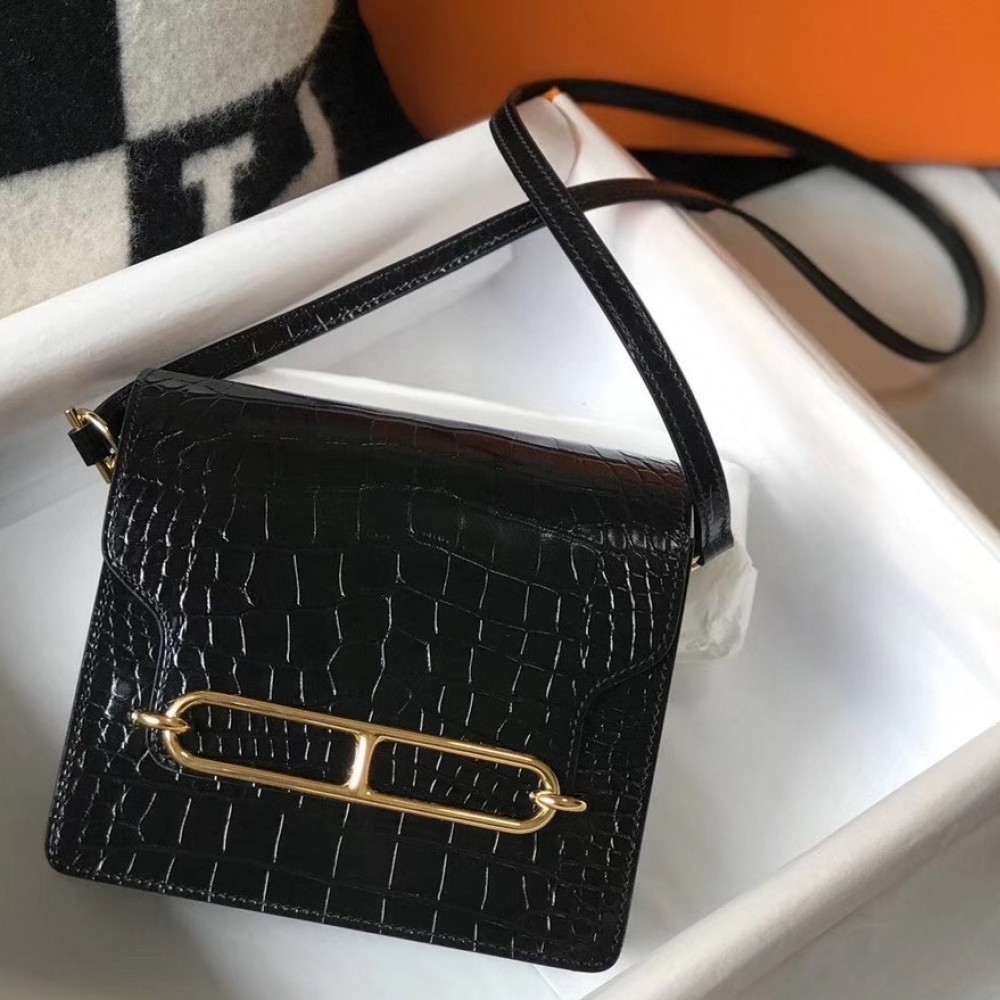 Hermes Roulis Mini Bag In Black Embossed Crocodile Calfskin LDBS243200