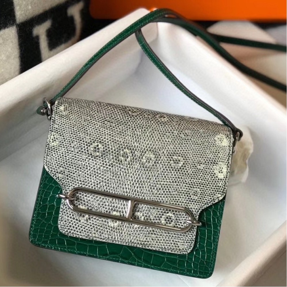 Hermes Roulis Mini Bag In Green Crocodile With Natural Lizard LDBS243201