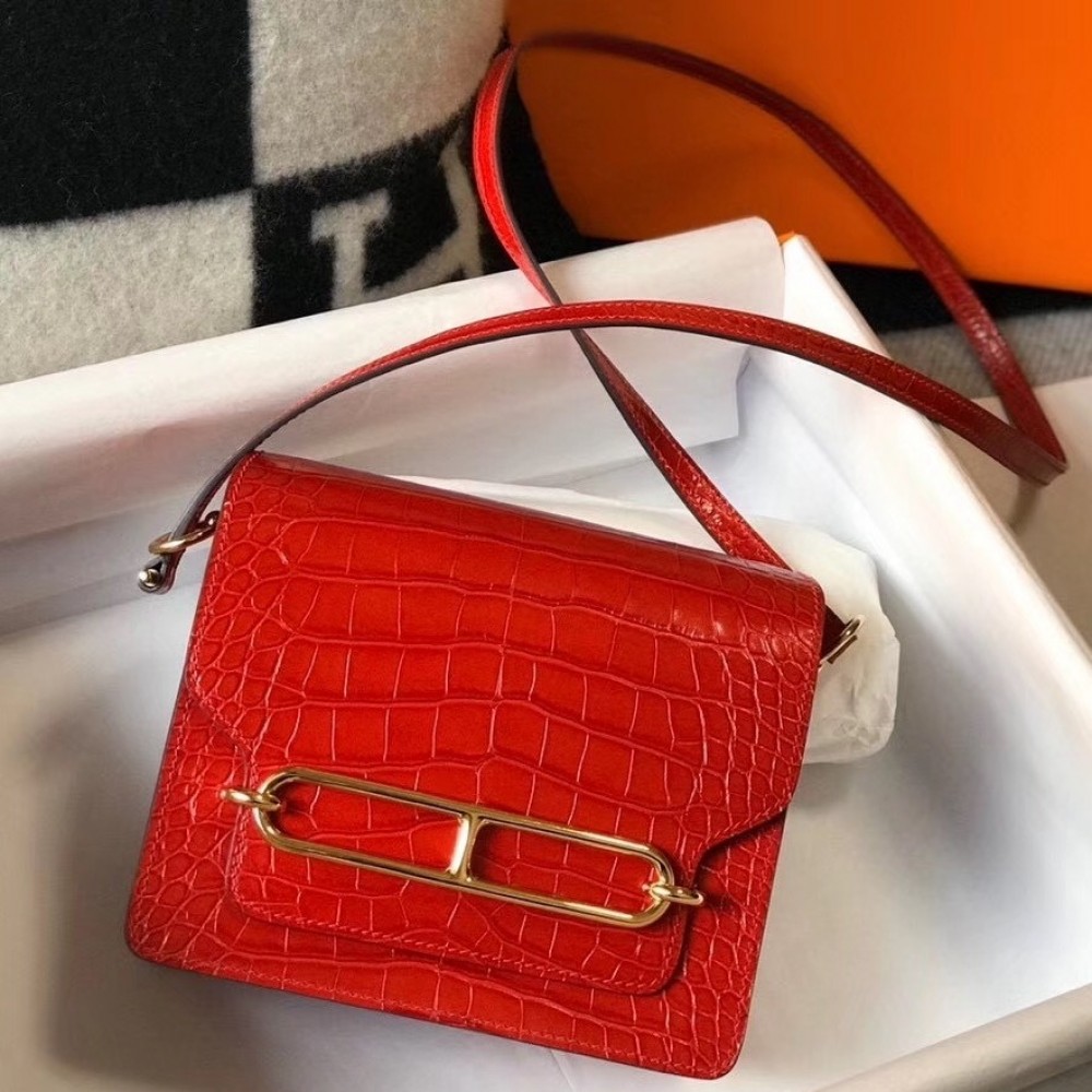 Hermes Roulis Mini Bag In Red Embossed Crocodile Calfskin LDBS243203