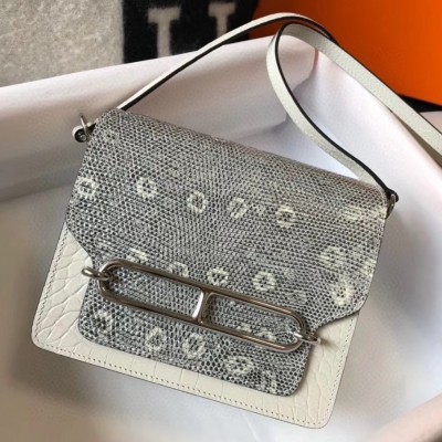 Hermes Roulis Mini Bag In White Crocodile With Natural Lizard LDBS243205