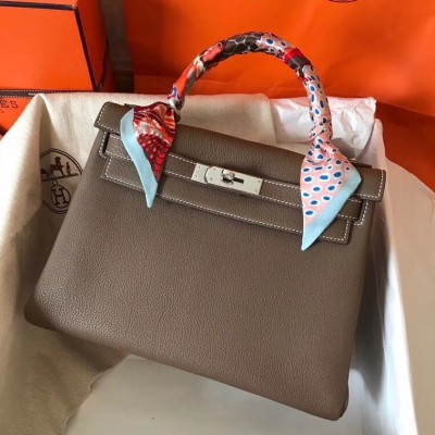 Hermes Taupe Clemence Kelly 28cm Handmade Bag LDBS243263