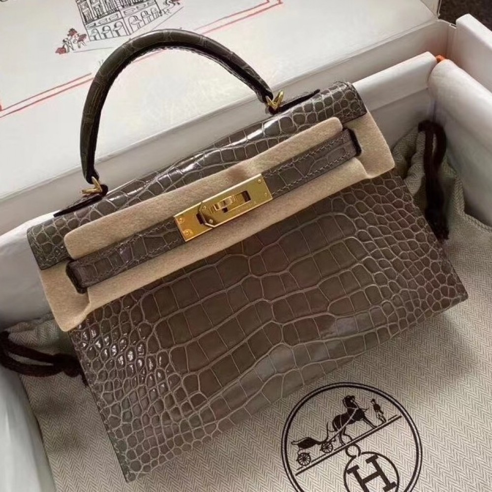 Hermes Taupe Grey Alligator Crocodile Kelly Mini II Handmade Bag LDBS243271