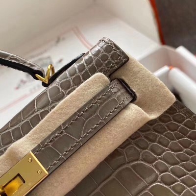 Hermes Taupe Grey Alligator Crocodile Kelly Mini II Handmade Bag LDBS243271