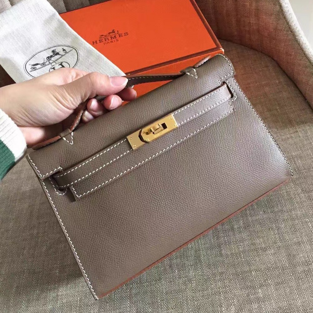 Hermes Taupe Kelly Pochette Epsom Handmade Bag LDBS243273