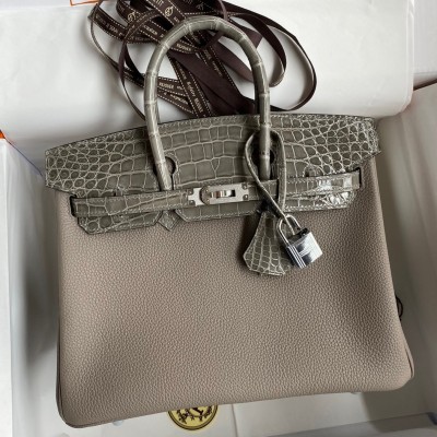 Hermes Touch Birkin 25 Bag In Gris Asphalt Shiny Niloticus Crocodile Skin LDBS243288