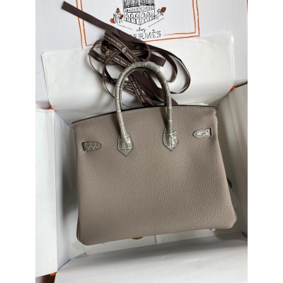 Hermes Touch Birkin 25 Bag In Gris Asphalt Shiny Niloticus Crocodile Skin LDBS243288