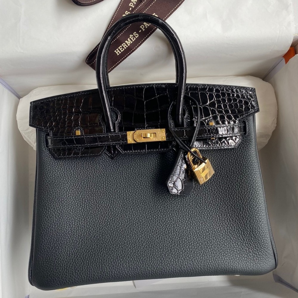 Hermes Touch Birkin 25 Bag in Black Togo and Shiny Alligator Leather LDBS243287