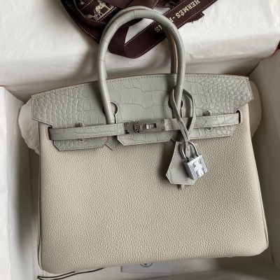 Hermes Touch Birkin 25 Bag in Pearl Grey Togo and Matte Alligator Leather LDBS243289