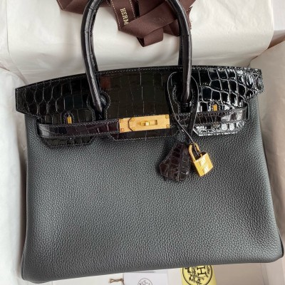 Hermes Touch Birkin 30 Bag In Black Clemence and Shiny Niloticus Crocodile Skin LDBS243296