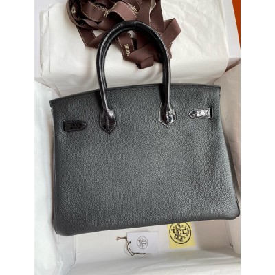 Hermes Touch Birkin 30 Bag In Black Clemence and Shiny Niloticus Crocodile Skin LDBS243296