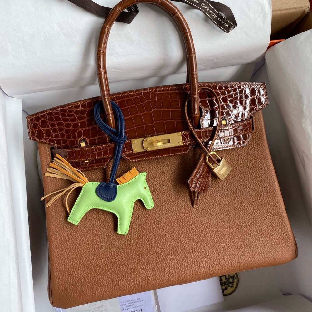 Hermes Touch Birkin 30 Bag In Gold Clemence and Shiny Niloticus Crocodile Skin LDBS243298