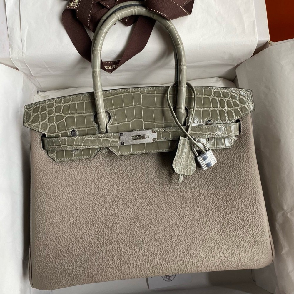 Hermes Touch Birkin 30 Bag In Gris Asphalt Clemence and Shiny Niloticus Crocodile Skin LDBS243300