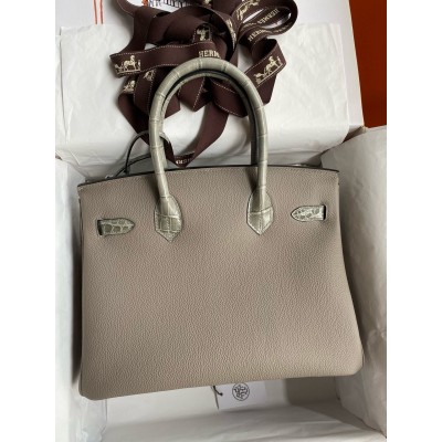 Hermes Touch Birkin 30 Bag In Gris Asphalt Clemence and Shiny Niloticus Crocodile Skin LDBS243300