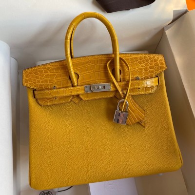 Hermes Touch Birkin 30 Bag In Yellow Clemence and Shiny Niloticus Crocodile Skin LDBS243302