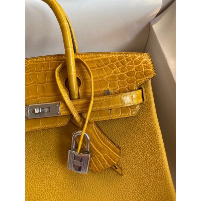 Hermes Touch Birkin 30 Bag In Yellow Clemence and Shiny Niloticus Crocodile Skin LDBS243302