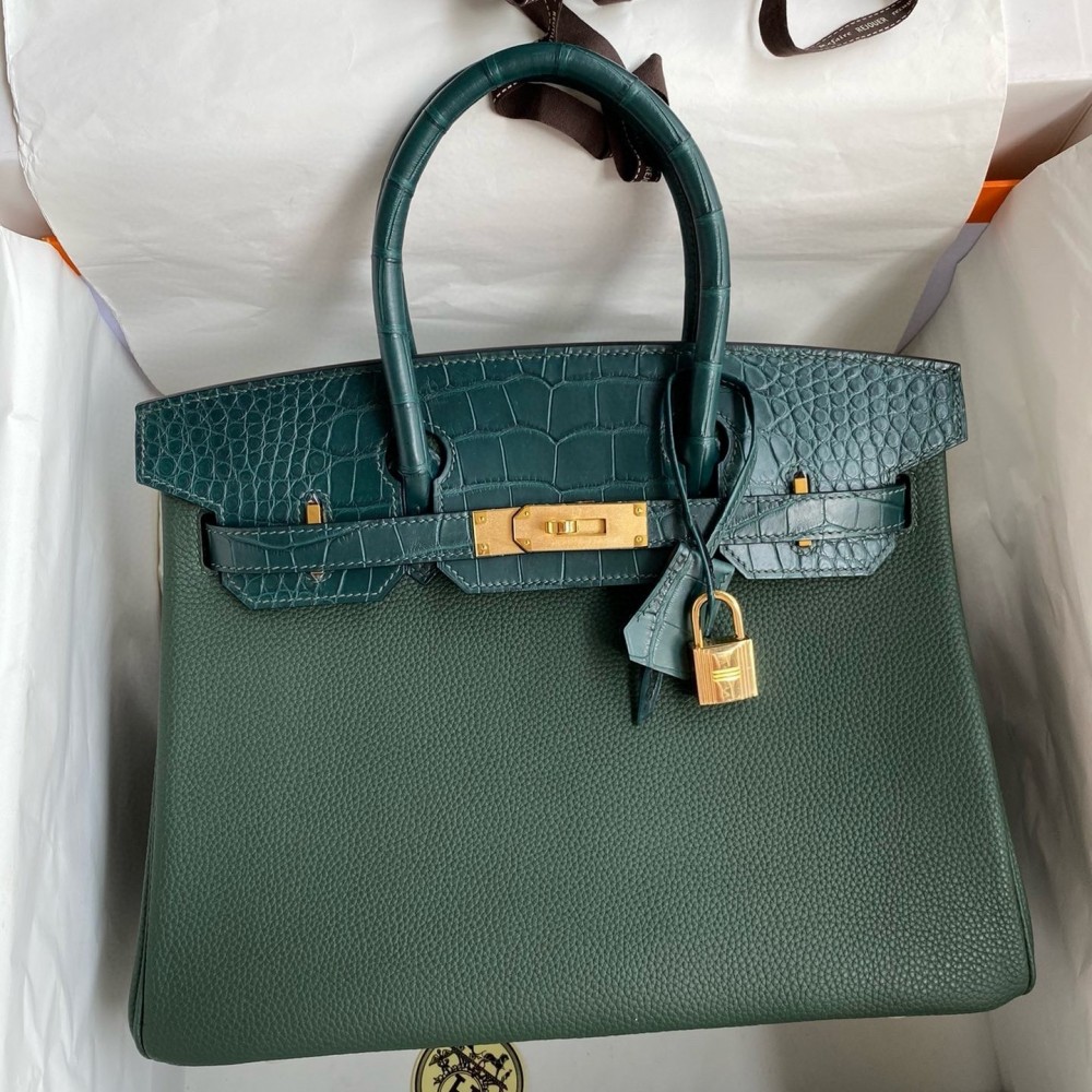 Hermes Touch Birkin 30 Bag in Green Clemence and Matte Alligator Leather LDBS243299