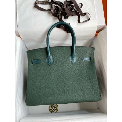 Hermes Touch Birkin 30 Bag in Green Clemence and Matte Alligator Leather LDBS243299