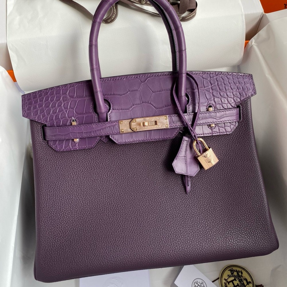 Hermes Touch Birkin 30 Bag in Raisin Clemence and Matte Alligator Leather LDBS243301