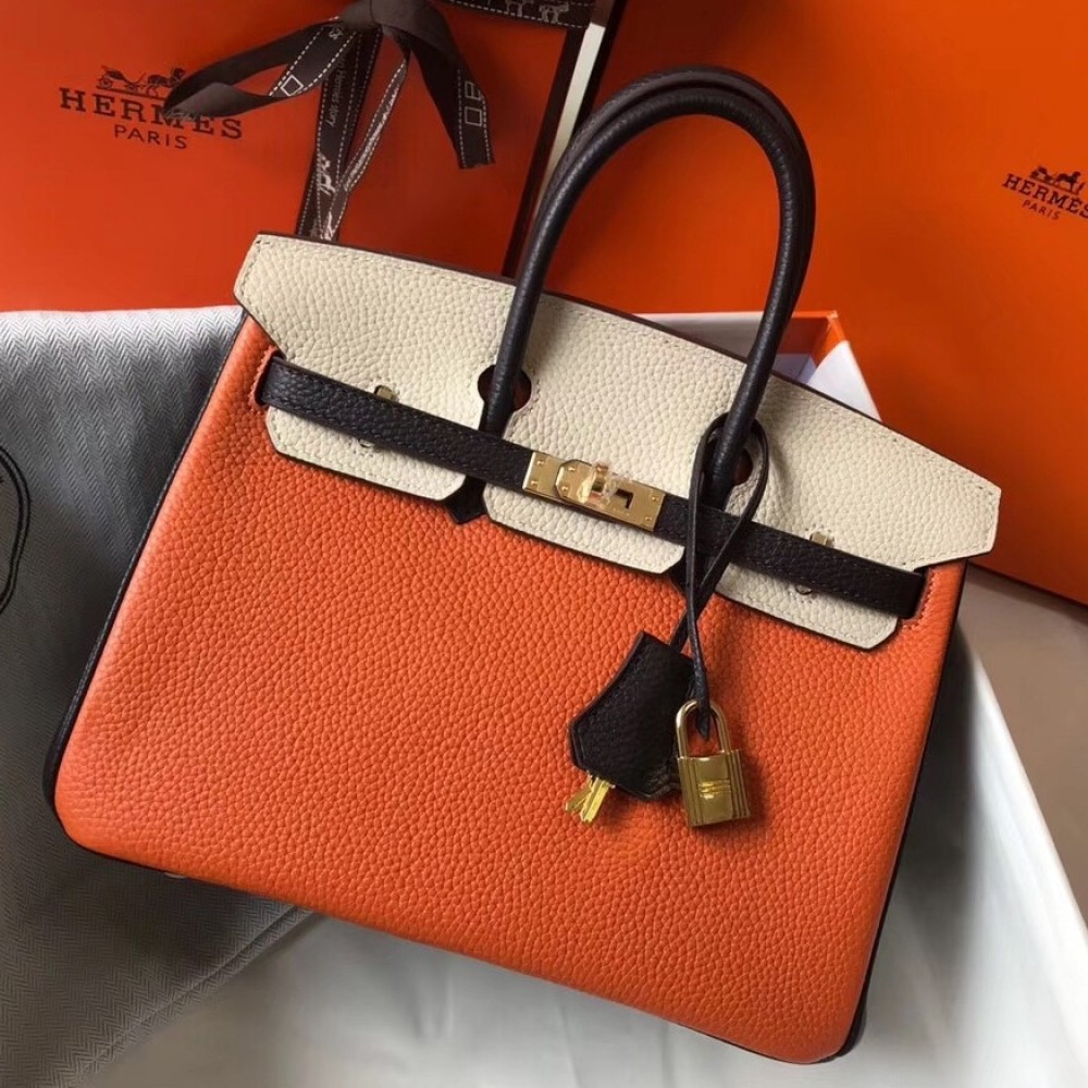 Hermes Tri-Color Birkin 25cm Bag In Orange/White/Black Clemence Leather LDBS243317