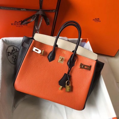 Hermes Tri-Color Birkin 25cm Bag In Orange/White/Black Clemence Leather LDBS243317