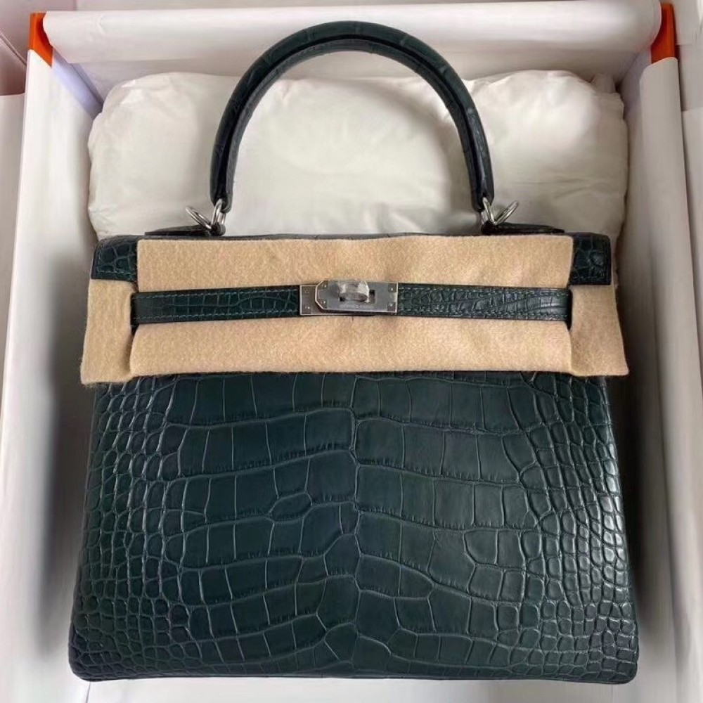 Hermes Vert Cypres Kelly 28cm Matte Alligator Crocodile Skin Bag LDBS243330