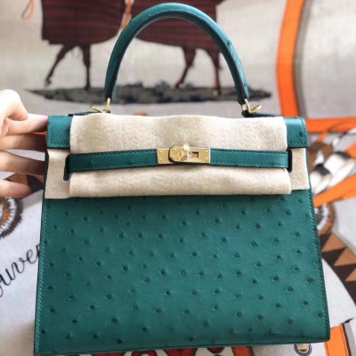 Hermes Vert Vertigo Ostrich Kelly 25cm Handmade Bag LDBS243339