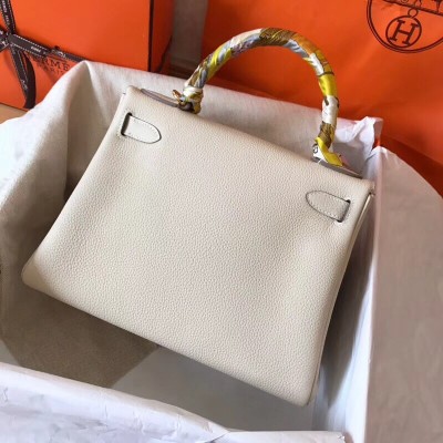 Hermes White Clemence Kelly 28cm Handmade Bag LDBS243345