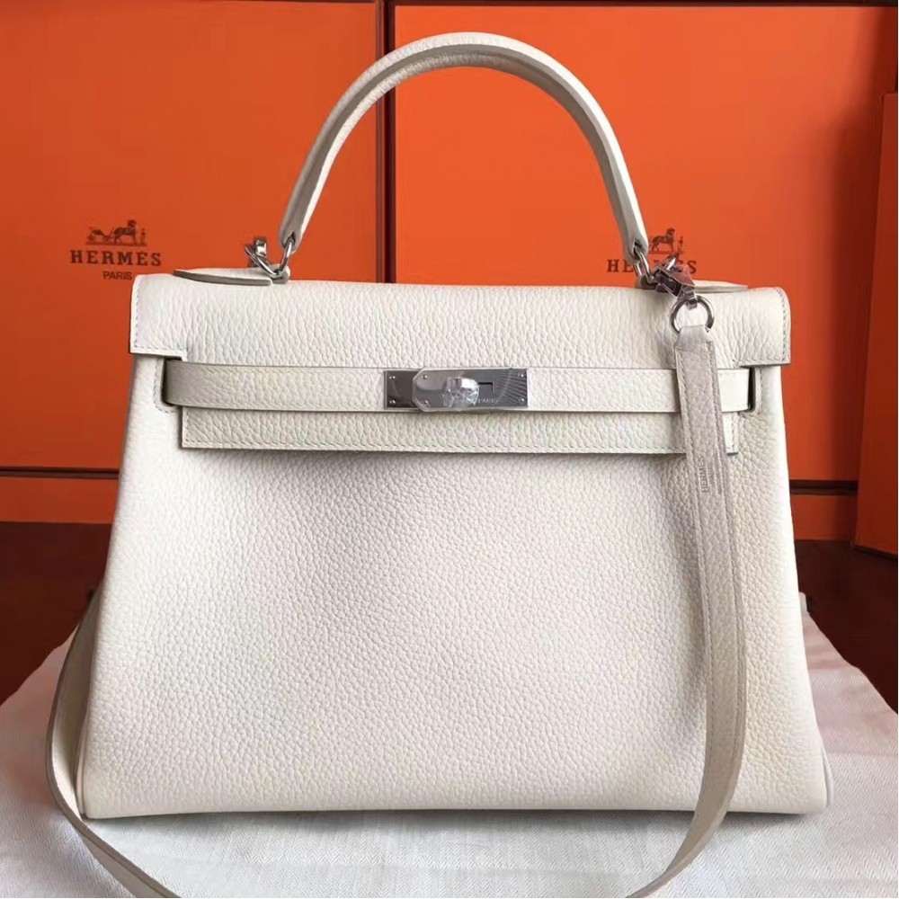 Hermes White Clemence Kelly Retourne 32cm Handmade Bag LDBS243346