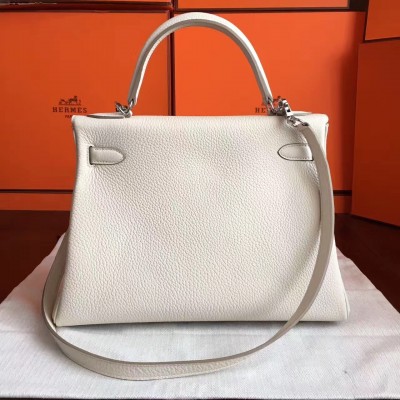 Hermes White Clemence Kelly Retourne 32cm Handmade Bag LDBS243346