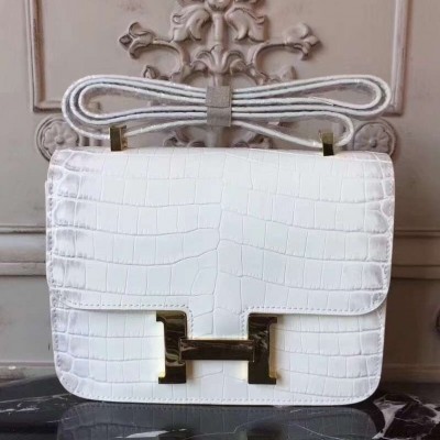 Hermes White Constance MM 24cm Crocodile Bag LDBS243348