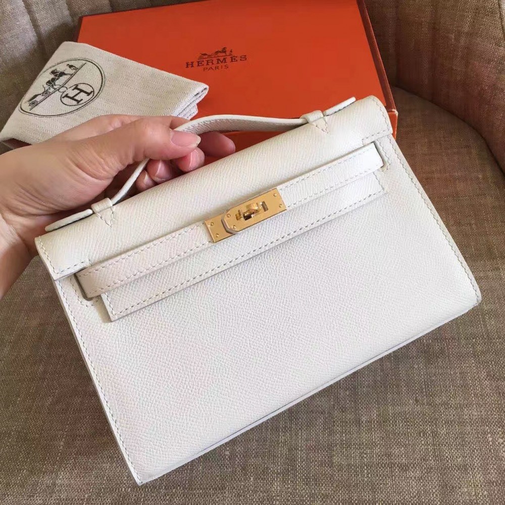 Hermes White Kelly Pochette Epsom Handmade Bag LDBS243355