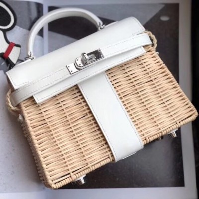 Hermes White Picnic Kelly Mini 20cm Wicker Bag LDBS243357