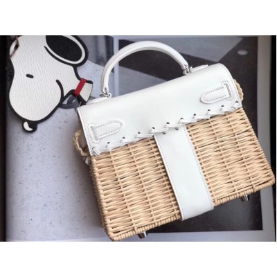 Hermes White Picnic Kelly Mini 20cm Wicker Bag LDBS243357